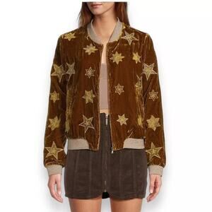 NWT Band Of The Free Velvet Bomber Jacket Embroidered Gold Stars sz S Whimsical